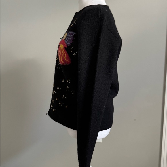 Talbots Vintage Black Cardigan with Colorful Angel Embroidery 100% Wool - Picture 3 of 8